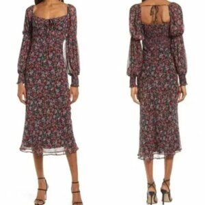 Nordstrom Floret Studios Chiffon Black Floral Peasant Dress Large